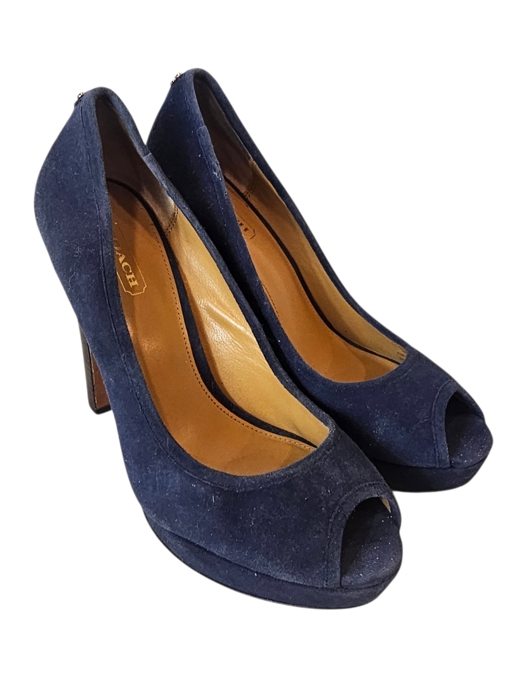 Coach Navy Suede Peep-Toe Platform Pumps Size 7 Quiet Luxury Office Wedding - Picture 2 of 14